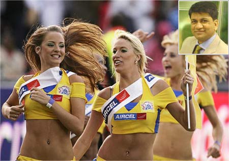 Chennai Super Kings cheerleaders before the start of an 2009 Indian Premier League T20 cricket match.  (Inset) Manish Porwal