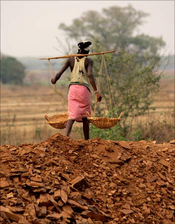 A labourer works at a stone quarry on the outskirts of Jagdalpur in Chhattisgarh.