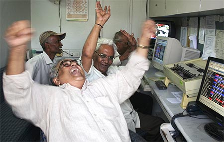 Traders rejoice at a brokerage in Ahmedabad.