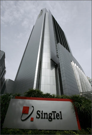 An exterior view of Singtel's headquarters is in Singapore.