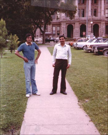 Jain (right) on his university campus, shortly after arriving in the United States.
