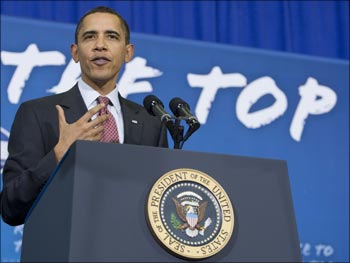 US President Barack Obama speaks about education at the Wright Middle School in Madison, Wisconsin.