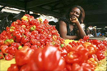 A vendor stands behind her vegetables on sale at the market in Calabar, Nigeria.