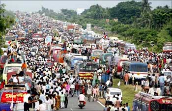 Left Front supporters block a national highway in support of the Tata car project at Singur village.
