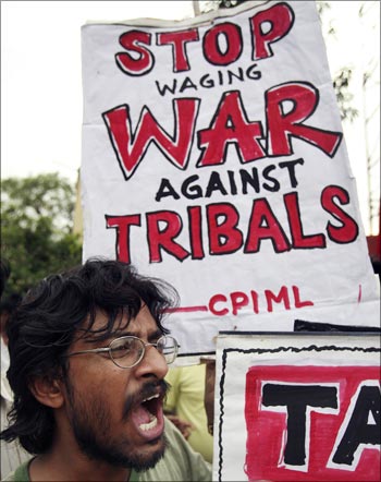 An activist of Communist Party of India (Marxist-Leninist) shouts anti-government slogans during a protest against the government's actions in Lalgarh.
