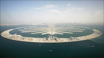 An aerial view of the man-made palm tree-shaped islands in Dubai.