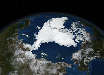 A NASA satellite image shows Arctic summer sea ice.