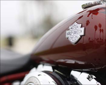 The iconic Harley-Davidson logo on a motorcycle.