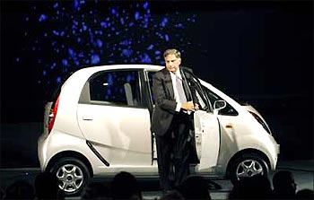 Tata Group Chairman Ratan Tata steps out from the Nano.