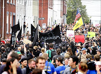 Demonstrators march during a protest prior to the start of the G20 Pittsburgh Summit in Pittsburgh.