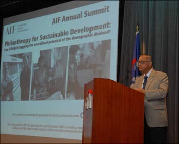 N R Narayana Murthy, chairman and chief mentor Infosys, speaking at the AIF Annual Summit in New York on Monday.