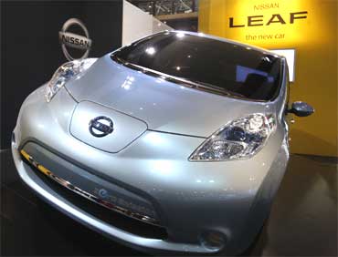 The Nissan Leaf is on display at the New York International Auto Show.