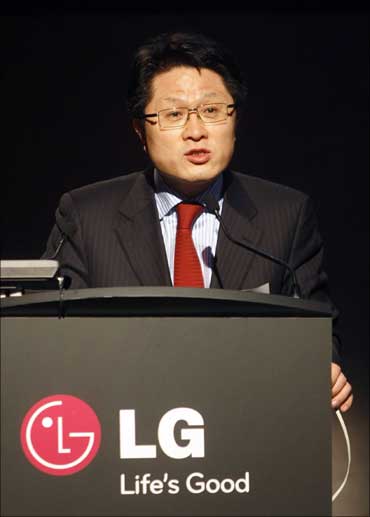 LG Electronics CEO and president Skott Ahn speaks during a news conference at Mobile World Congress in Barcelona.