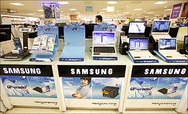 Samsung Electronics' computers at an electronics shop in Seoul.