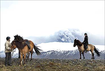 Stefanssdottir and Arnadottir ride their horses to take closer look at the erupting volcano.