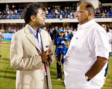 Lalit Modi and Sharad Pawar during the 2010 DLF Indian Premier League T20 group stage match.