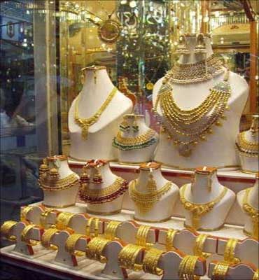 Gold jewellery on display.