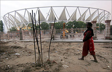 Jawaharlal Nehru Stadium under construction for the 2010 Commonwealth Games.