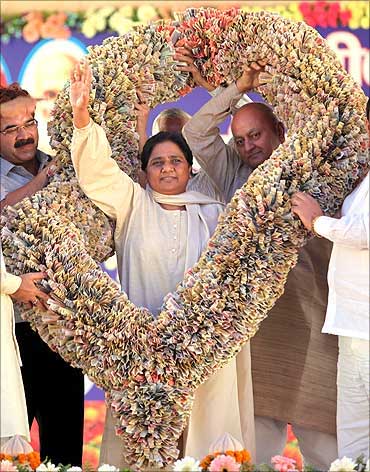 Uttar Pradesh Chief Minister Mayawati with a garland of currency notes.