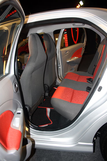 The spacious rear seat of the Etios with a Flat flooring at the centreline.