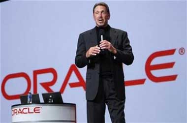 Oracle CEO Larry Ellison talks during his keynote address.