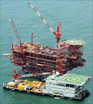 Reliance Industries KG-D6's control and raiser platform off the Bay of Bengal.