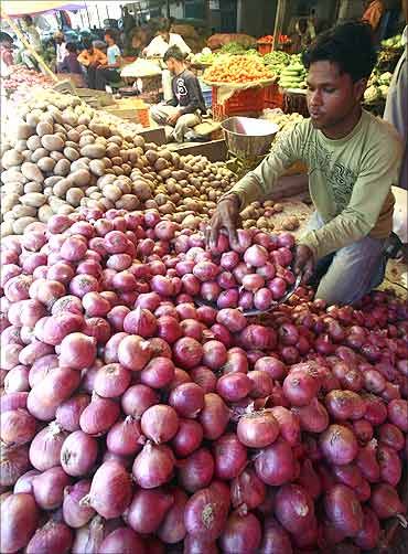 Vendors arrange vegetables at vegetable wholesale market in Chandigarh.