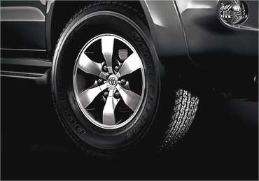 The front wheel of Toyota Fortuner.