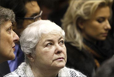 Marina Khodorkovskaya, mother of jailed Russian former oil tycoon Mikhail Khodorkovsky, stands in the courtroom before the start of a court session in Moscow.