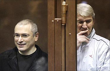 Mikhail Khodorkovsky and his business partner Platon Lebedev in the defendants' cage.
