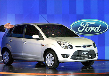 Ford's 'Figo' car stands on display during its launch ceremony in New Delhi.