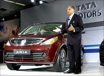 Tata Motors Chairman Ratan Tata speaks during the unveiling ceremony of Tata Motor's new car Aria at India's Auto Expo in New Delhi.