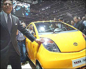 Ratan Tata unveiling the Tata Nano at the Geneva Auto Show in 2009.