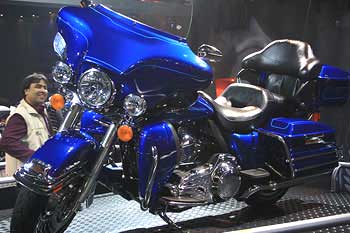 A Harley-Davidson motorcycle on display at the Delhi Auto Expo.