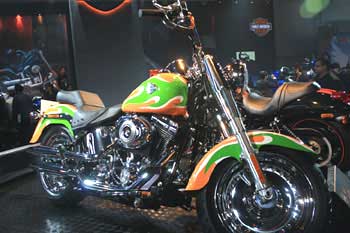 A custom-painted Harley-Davidson Fat Boy in Indian colour.