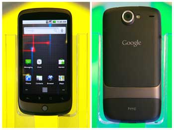 Front and back view of a Nexus One smartphone.