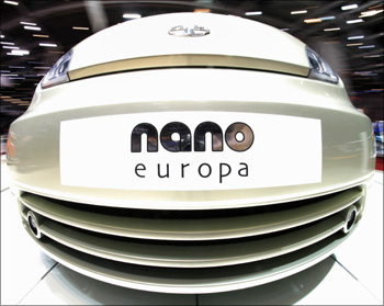 The Tata Nano Europa car at the 79th Geneva Car Show at the Palexpo in Geneva.