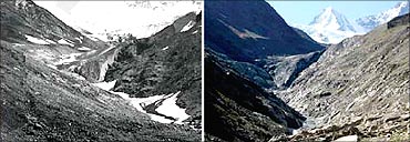 Machoi glacier: Comparative position of the glacier front   (left) 1957 (Raina) and 2007(Raina).