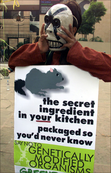 A masked Greenpeace activist shows a sign during a demonstration in New Delhi.
