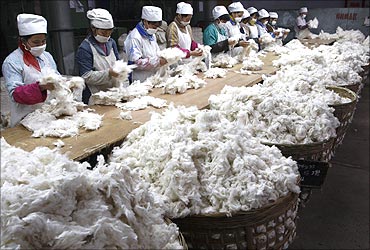 Workers sort out cotton at a textile factory in Suining, Sichuan province.