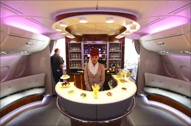 The bar in the first class section of Emirates A380.