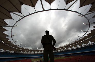 A security officer at the Jawaharlal Nehru Stadium constructed for the 2010 Commonwealth Games.