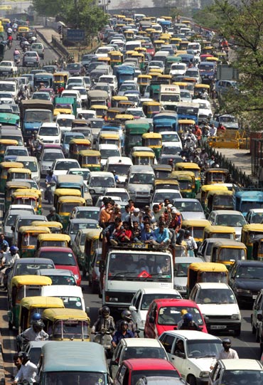 Heavy traffic on a New Delhi road.