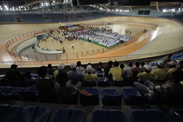 A general view of the indoor cycling velodrome constructed for the 2010 Commonwealth Games.