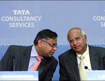 TCS CEO N Chandrasekaran (left) with former TCS chief S Ramadorai.