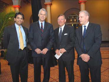 Left-right: Francisco Dsouza, Ceo Cognizant, Timothy J Roemer, US Ambassador to India, Terry McGraw III, USIBC Chairman, Chairman, President and CEO McGraw-Hill Companies, Ron Summers, president of the US-India Business Council.