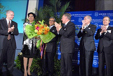 From Left: USIBC President Ron Sommers, PepsiCo CEO Indra Nooyi, External Affairs Minister S M Krishna, USIBC Chairman Terry McGraw, President of Boeing International Shephard Hill and Cohen Group  Chairman William Cohen at USIBC anniversary function in Washington