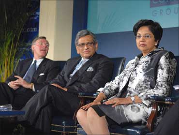 From left,Terry McGraw, Chairman, USIBC, S M Krishna, PepsiCo Chairman Indra Nooyi.