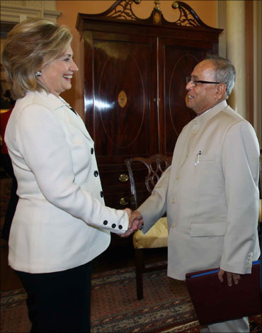 Hillary Clinton with Finance Minister Pranab Mukherjee.