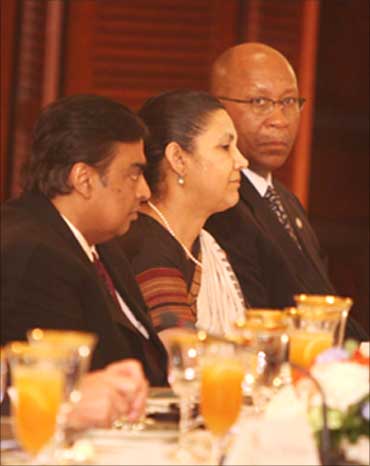 From L-R: Mukesh Ambani, Meera Shankar and United States Trade Representative Ambassador Ron Kirk.